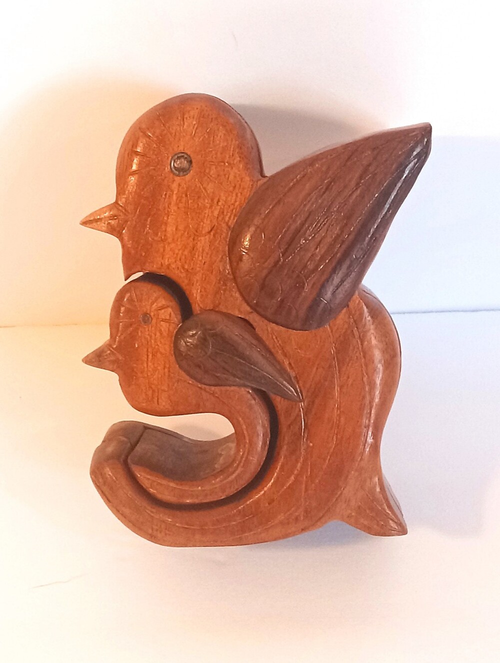 Wood Bird With Baby Bird Puzzle Box Trinket Box Handcrafted